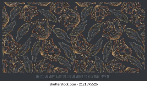 Vector Seamless pattern hand drawn illustration gold blooming flowers art.