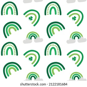 Vector seamless pattern of hand drawn doodle flat green Irish st Patrick day rainbow isolated on white background