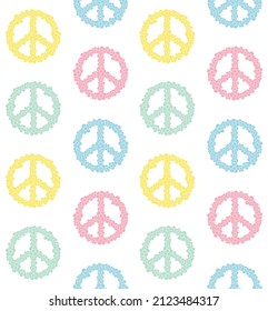 Vector seamless pattern of hand drawn doodle sketch colorful peace sign with flowers isolated on white background