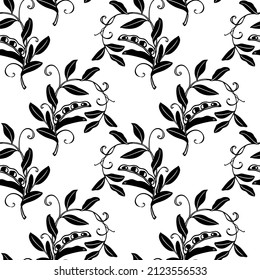 Vector seamless pattern with hand drawn broad bean plants with leaves and tendrils made in linocut style. Beautiful healthy food design elements, ink drawing. Perfect for prints and patterns