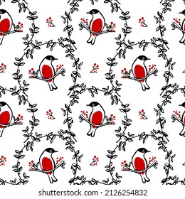 Vector seamless pattern with hand drawn sweet bird with red berries twigs in floral wreath made in graphic style. Ink drawing, beautiful animal illustration. Perfect for prints and patterns