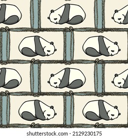 Vector seamless pattern with hand drawn sweet sleeping panda in nautical rope frame. Ink drawing, beautiful animal design elements. Perfect for prints and patterns
