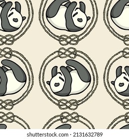 Vector seamless pattern with hand drawn sweet playful panda in nautical rope frame. Ink drawing, beautiful animal design elements. Perfect for prints and patterns