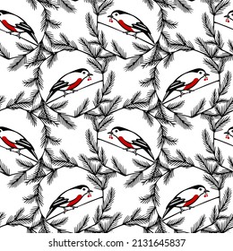 Vector seamless pattern with hand drawn sweet birds with red berries twigs in pine floral wreath made in graphic style. Ink drawing, beautiful animal illustration. Perfect for prints and patterns