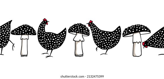 Vector seamless pattern with hand drawn speckled hens and huge mushrooms. Beautiful ink drawing, perfect for food or farming prints and patterns