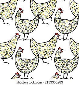 Vector seamless pattern with hand drawn green speckled hens. Beautiful ink drawing, perfect for food or farming prints and patterns