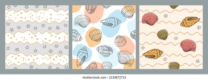 Vector seamless pattern with hand drawn scallop seashells, sea elements and stars. Beautiful marine design, perfect for prints and patterns, textile, fabric, children background