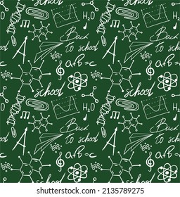 Vector seamless pattern with hand drawn school symbols. Physics, chemistry, biology. Science elements are drawn with a line. Background for children and students	