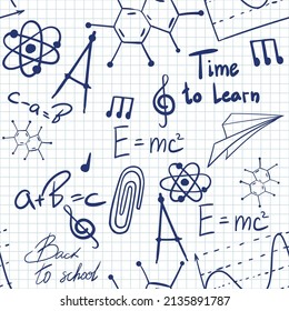 Vector seamless pattern with hand drawn school symbols. Physics, chemistry, biology. Science elements are drawn with a line. Background for children and students	