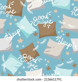 
Vector seamless pattern with hand drawn pillows and stars. Blank for printing on paper and fabrics. Print for pajamas and textiles for bed linen.