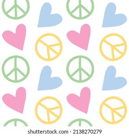 Patrón vectorial sin fisuras de señales de paz dibujadas a mano y corazones aislados en fondo blanco