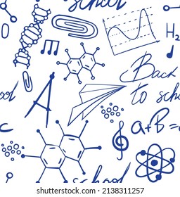 Vector seamless pattern with hand drawn school symbols. Physics, chemistry, biology. Science elements are drawn with a line. Background for children and students	