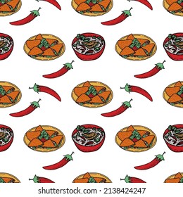 Vector seamless pattern. Hand drawn mexican food in doodle style.