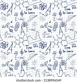 Vector seamless pattern with hand drawn school symbols. Physics, chemistry, biology. Science elements are drawn with a line. Background for children and students	