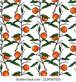 Vector seamless pattern with hand drawn orange tree branches with ripe juicy fruits. Beautiful ink drawing, vibrant colors. Wonderful food design elements, perfect for prints and patterns