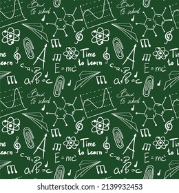 Vector seamless pattern with hand drawn school symbols. Physics, chemistry, biology. Science elements are drawn with a line. Background for children and students	