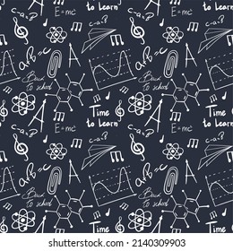 Vector seamless pattern with hand drawn school symbols. Physics, chemistry, biology. Science elements are drawn with a line. Background for children and students	