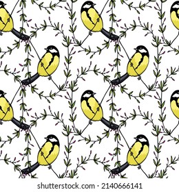 Vector seamless pattern with hand drawn Grand Tit sitting on tree branch in floral wreath. Ink drawing, beautiful animal design elements. Perfect for prints and patterns