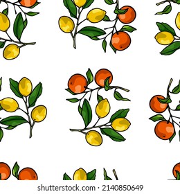 Vector Seamless Pattern With Hand Drawn Orange And Lemon Tree Branches With Ripe Juicy Fruits. Beautiful Ink Drawing, Vibrant Colors. Wonderful Food Design Elements, Perfect For Prints And Patterns