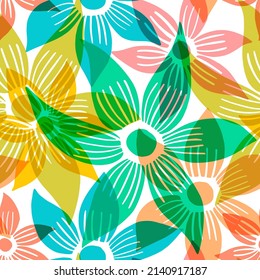 Vector seamless pattern with hand drawn minimalistic flowers, colorful botanical illustration, floral elements. Artistic backdrop.