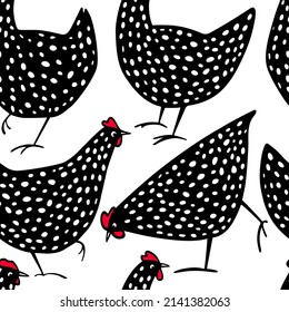 Vector seamless pattern with hand drawn cute speckled black hens. Beautiful ink drawing, perfect for food or farming prints and patterns