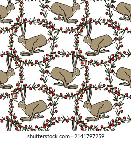 Vector seamless pattern with hand drawn cute jumping hare in floral  wreath with red berries. Ink drawing, graphic style. Beautiful Easter celebration design elements, perfect for prints and patterns