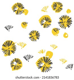 Vector seamless pattern with hand drawn dandelions. Yellow and black brush strokes. Abstract print.