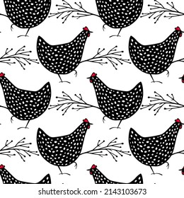 Vector seamless pattern with hand drawn cute speckled black hens with tree twigs. Beautiful ink drawing, perfect for food or farming prints and patterns