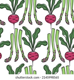 Vector seamless pattern with hand drawn beet with leaves and asparagus made in graphic way. Ink drawing. Beautiful healthy food or farm markets design elements, perfect for prints and patterns