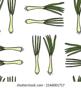 Vector seamless pattern with hand drawn spring onions arranged in geometrical way. Ink drawing, graphic style. Perfect for healthy food or farm markets prints and patterns