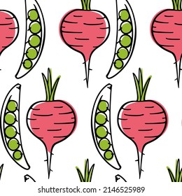 Vector seamless pattern with hand drawn green pea pods and beetroots made in graphic style. Ink drawing. Perfect for healthy food or farm markets prints and patterns
