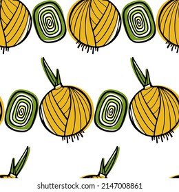 Vector seamless pattern with hand drawn yellow onion bulbs and leek cuts. Ink drawing, graphic style. Perfect for healthy food or farm markets prints and patterns