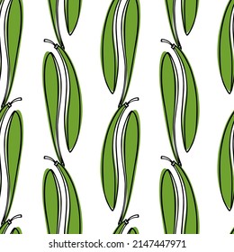 Vector seamless pattern with hand drawn green bean pods made in graphic style. Ink drawing. Perfect for healthy food or farm markets prints and patterns