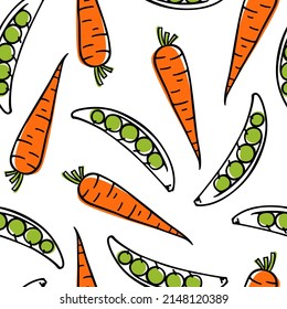 Vector seamless pattern with hand drawn ripe carrots and green pea pods. Ink drawing, graphic style. Beautiful healthy food design elements, perfect for prints and patterns