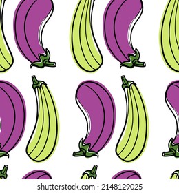 Vector seamless pattern with hand drawn ripe zucchini and eggplants made in graphic style. Ink drawing. Perfect for healthy food or farm markets prints and patterns