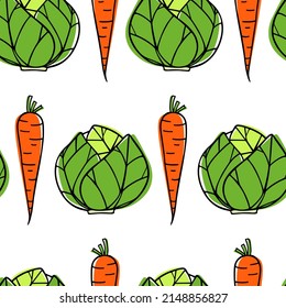 Vector seamless pattern with hand drawn white cabbage heads and juicy carrots made in graphic style. Ink drawing. Perfect for healthy food or farm markets prints and patterns