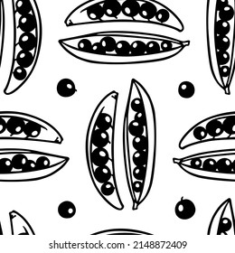 Vector seamless pattern with hand drawn pea pods with seeds made in graphic style. Ink drawing, heavy contour. Perfect for healthy food or farm markets prints and patterns