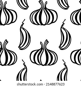 Vector seamless pattern with hand drawn garlic heads and cloves made in graphic style. Ink drawing. Perfect for healthy food or farm markets prints and patterns