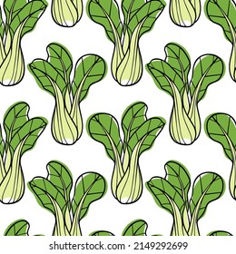 Vector seamless pattern with hand drawn green Bok Choy salad. Ink drawing, graphic style. Beautiful healthy or vegetarian food design elements. Perfect for prints and patterns