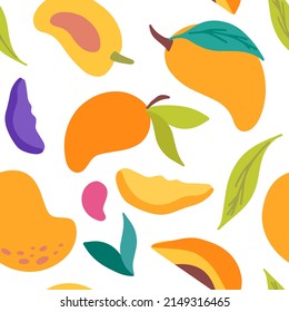 Vector Seamless pattern with hand drawn colorful doodle orange mango. Sketch and flat cartoon style.  Tropical fruits. Vegan, organic, farm, detox concept.
