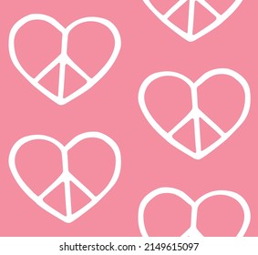 Vector seamless pattern of hand drawn doodle sketch peace heart sign isolated on pink background