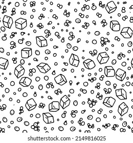 Vector seamless pattern with hand drawn bubbles and ice cubes randomly placed on transparent background. Simple funny monochrome repeatable backdrop.