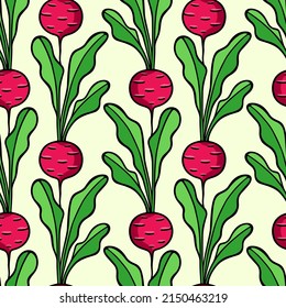 Vector seamless pattern with hand drawn beet with leaves made in graphic way. Ink drawing. Beautiful healthy food or farm markets design elements, perfect for prints and patterns