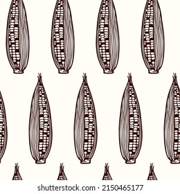 Vector seamless pattern with hand drawn ripe ear of corn made in graphic way. Ink drawing, heavy contour. Beautiful healthy food or farm markets design elements, perfect for prints and patterns
