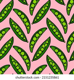 Vector seamless pattern with hand drawn green pea pods made in graphic style. Ink drawing. Perfect for healthy food or farm markets prints and patterns