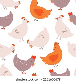 Vector seamless pattern with hand drawn chickens. Beautiful cartoon drawing, abstract design elements. Perfect elements for food or farming design