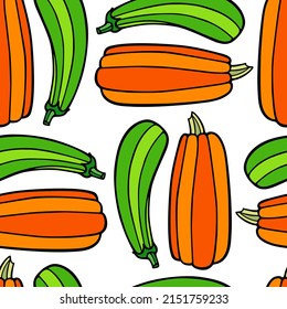 Vector seamless pattern with hand drawn ripe winter squash and zucchini. Ink drawing, graphic style. Perfect for healthy food or farm markets prints and patterns