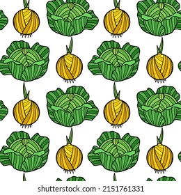 Vector seamless pattern with hand drawn white cabbage heads and common onion bulbs made in graphic style. Ink drawing. Perfect for healthy food or farm markets prints and patterns