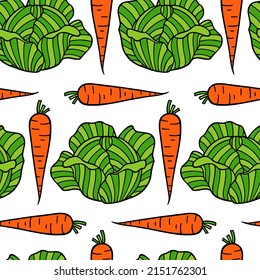 Vector seamless pattern with hand drawn white cabbage heads and juicy carrots made in graphic style. Ink drawing. Perfect for healthy food or farm markets prints and patterns