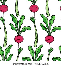 Vector seamless pattern with hand drawn beet with leaves and Brussels sprout stalk made in graphic way. Beautiful healthy food or farm markets design elements, perfect for prints and patterns